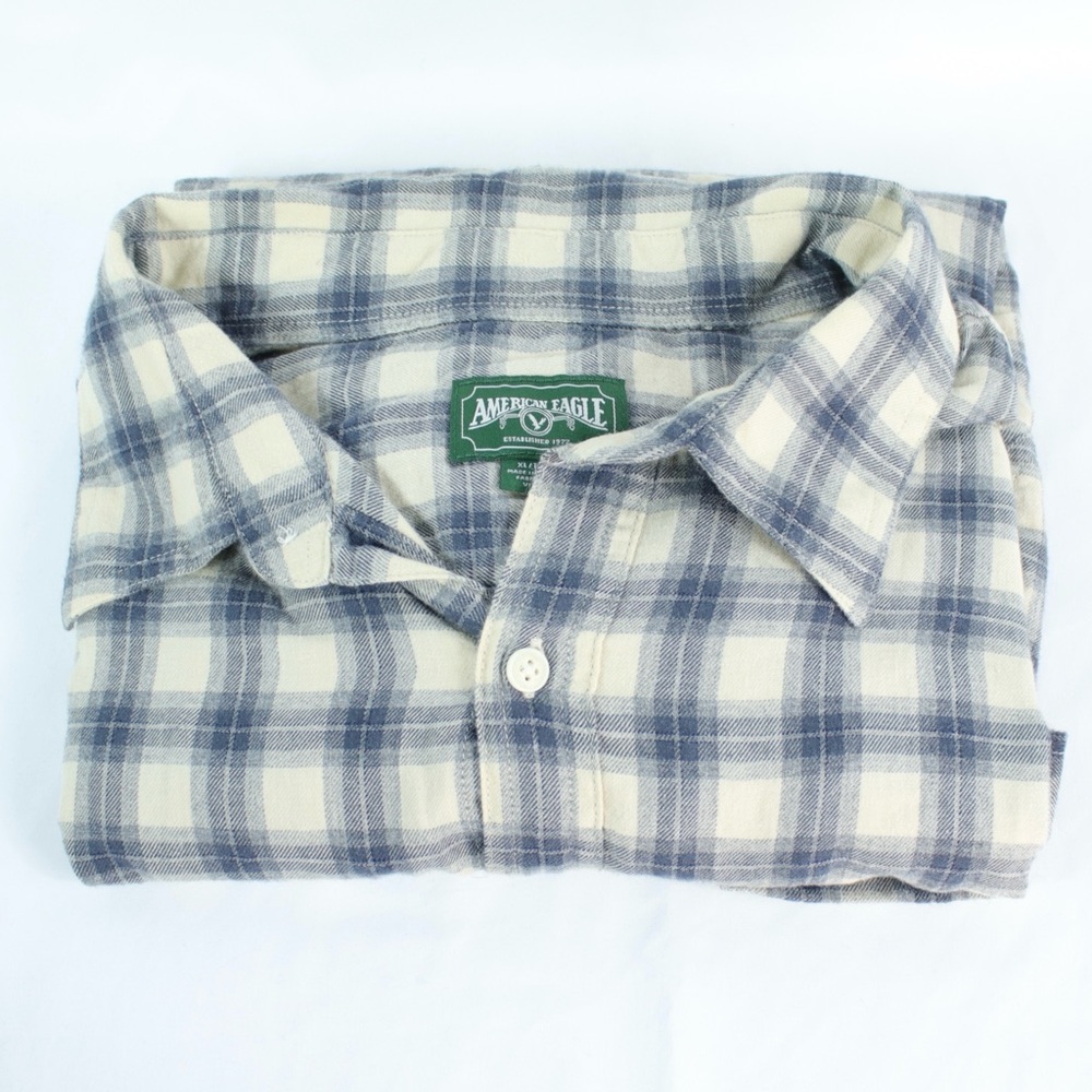 American Eagle Cream & Blue Flannel Long Sleeve Button Up‎ Shirt Mens Size XL - Picture 5 of 5